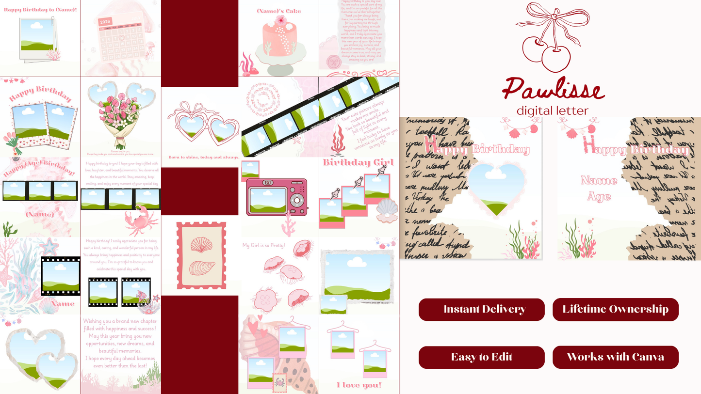 Pink Birthday Scrapbook Template | 24 Pages Digital Memory Book