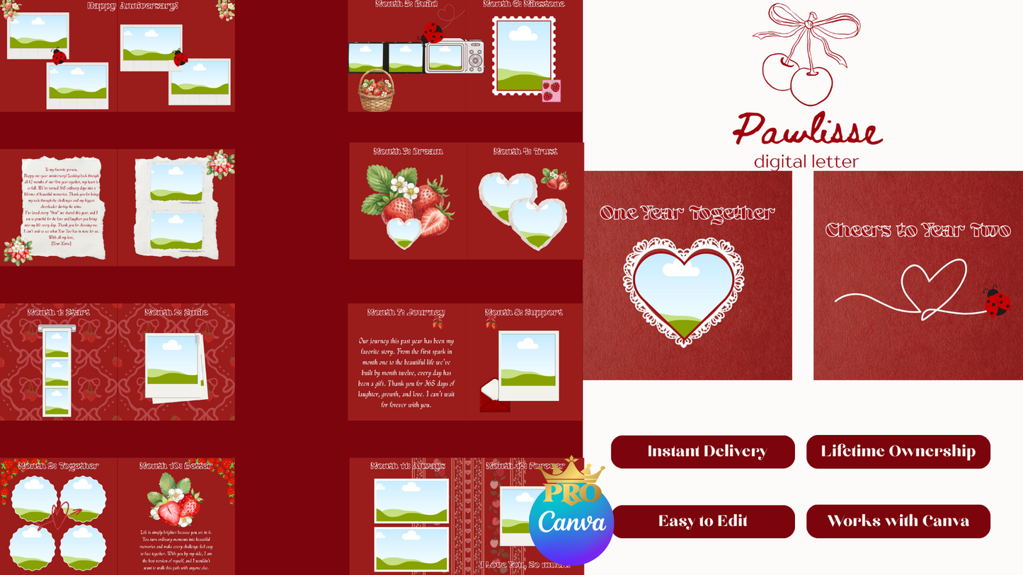 Red 1 Year Anniversary Scrapbook Template | 18 Pages Romantic Digital Gift